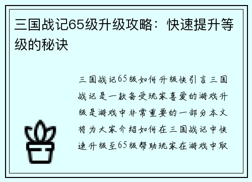三国战记65级升级攻略：快速提升等级的秘诀